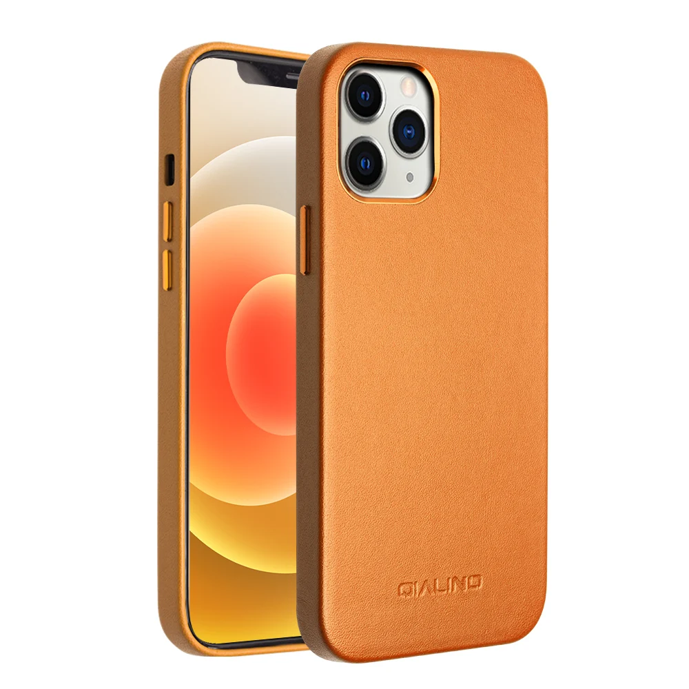 QIALINO Housse de téléphone en TPU recouverte de cuir de vachette pour iPhone 12 / 12 Pro - Jaune