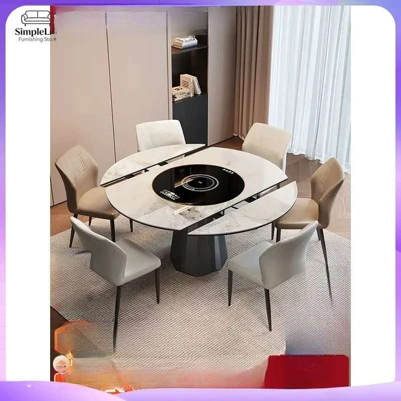Italian Sintered Stone Round Dining Table Extendable Rotating Lazy Susan with Induction Cooker Modern Multifunctional