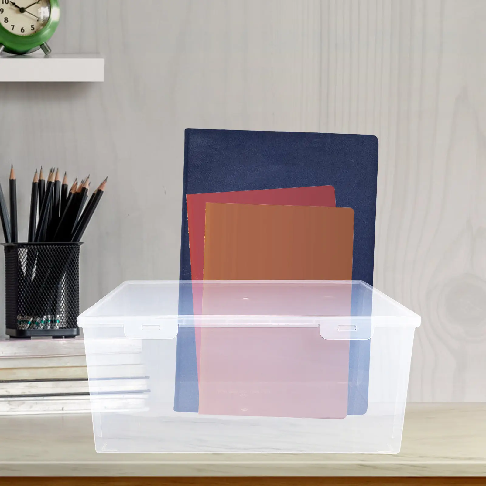 

PP Document Storage Box with Clear Lid Flat Design for Home Office Desk Bookshelf Organization Stackable File Box for Papers