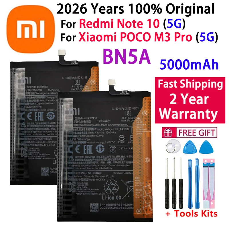 Battery for POCO M3 Pro 5G, Xiaomi Mi Battery, Redmi Note 10 5G,High Quality Batteries, Fast Shipping, 5000mAh, BN5A, M 3 Pro