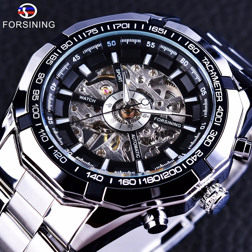 Fashion Forsining Brand Silver Stainless Steel Waterproof Men Skeleton Watchesluxury Gold Transparent Mechanical Man Wrist Watch