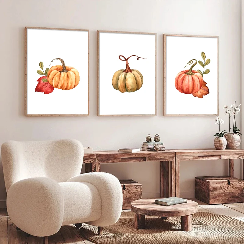 Halloween Pumpkin Art Poster Yellow Orange Painted Pumpkin Canvas Painting Wall Print Kitchen Living Room Home Decoration