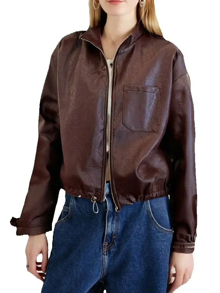 2025 ใหม่แฟชั่นผู้หญิงVINTAGE BurgundyหนังFauxแจ็คเก็ตสั้นหญิงElegantหลวมกระเป๋าซิปPU Street Coatsเสื้อผ้า