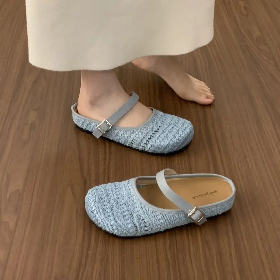 

Женские полутапочки, весна-лето, новые винтажные уличные повседневные сандалии без шнуровки Baotou на плоской подошве с квадратными пуговицами