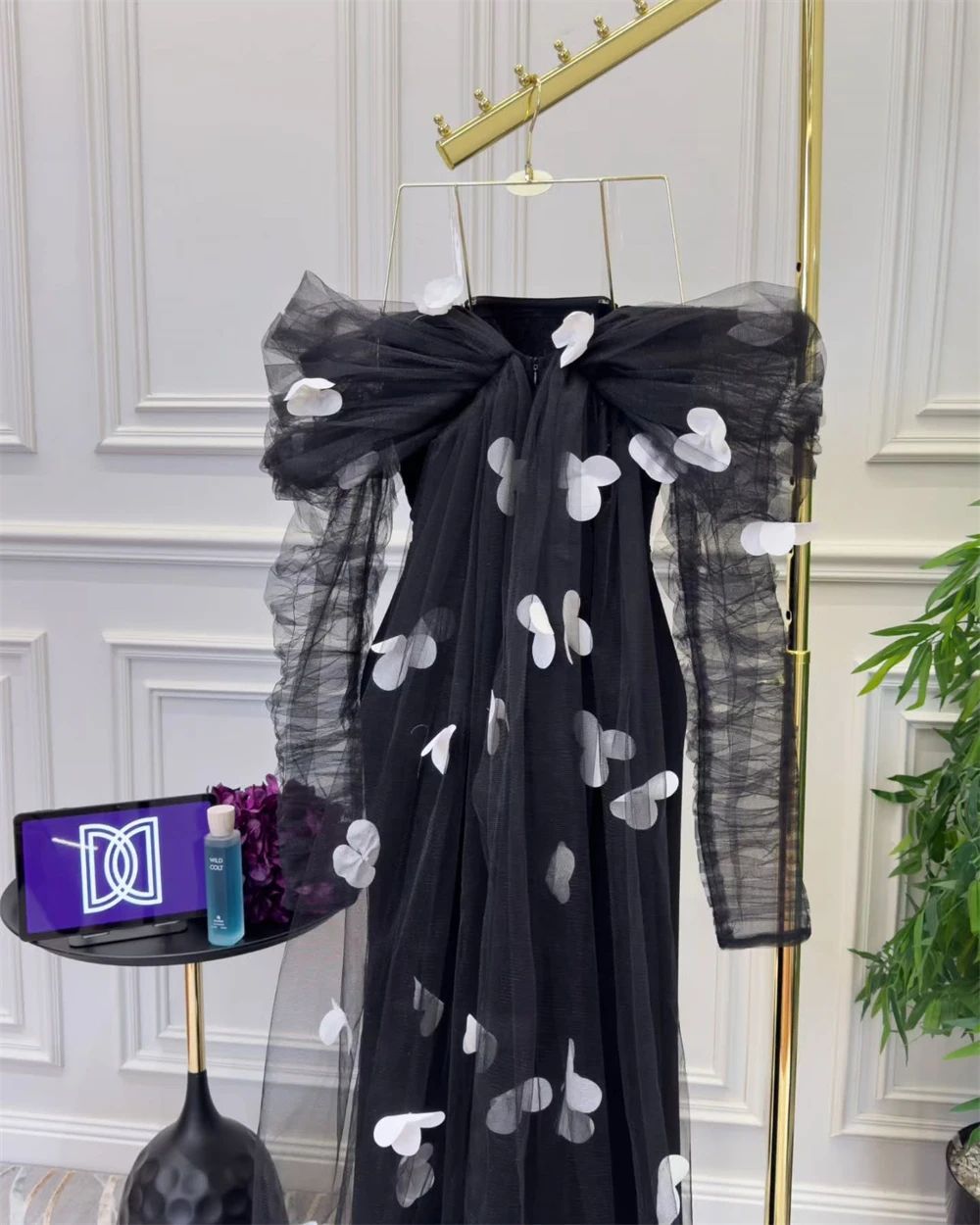 Customized Evening Dress Classic Black Jersey Strapless Off the Shoulder Long Sleeves Watteau Train Appliques Ruched Prom Gowns