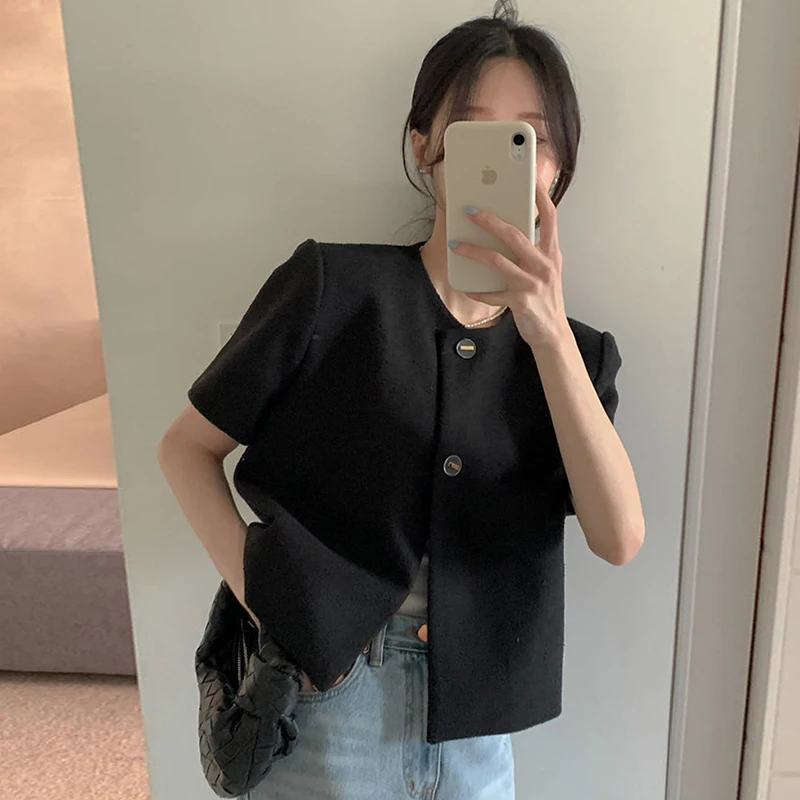 Coreano Chic Estate Vintage rotondo Ne Due bottoni Allentato ort Sve Tessuto grossolano Capispalla da donna Pendolarismo Sle Colore puro