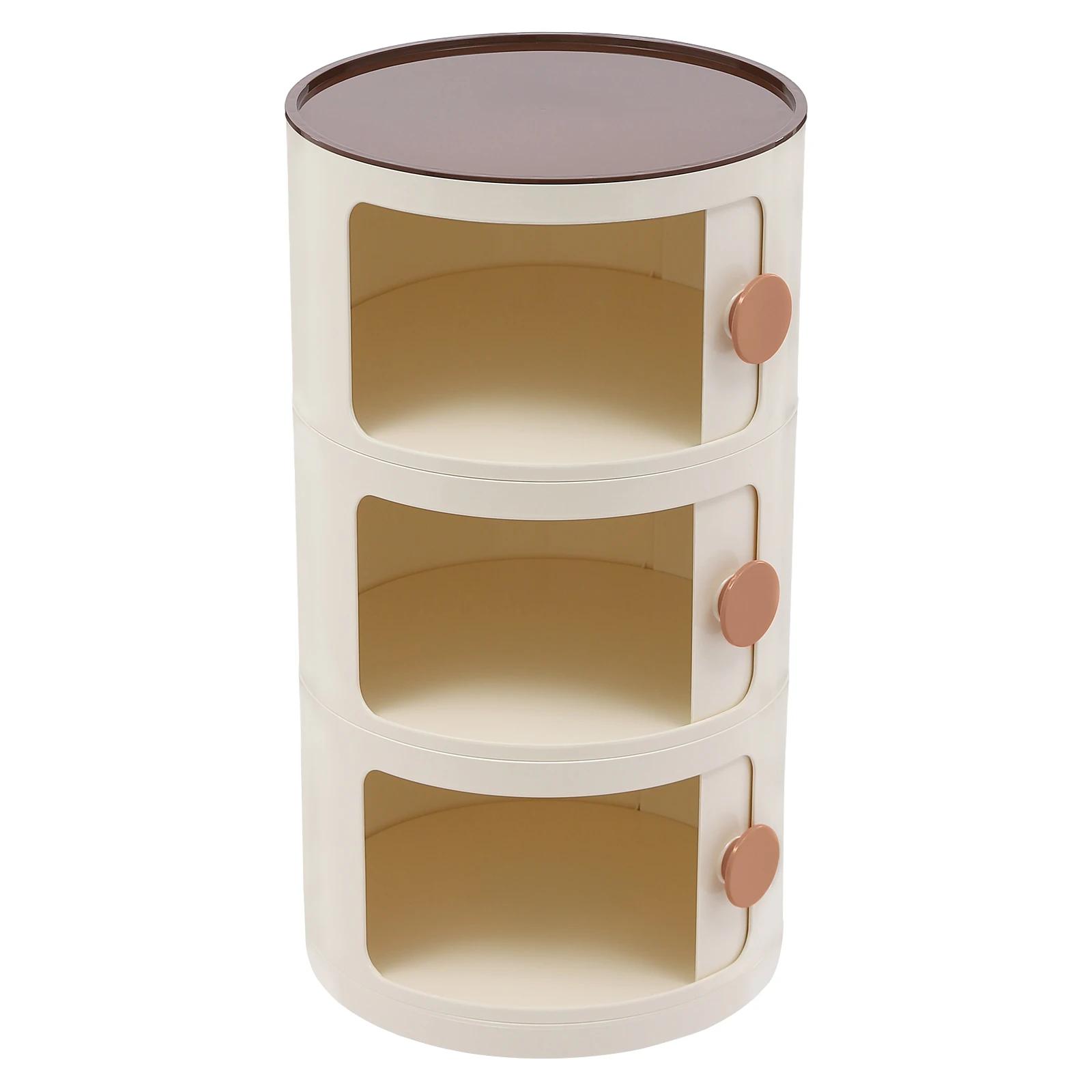 Cylinder 3-tier Bedside Cabinet ABS Large Capacity Space-saving Floor Standing Beige Bedside Cabinet Modern Round Handles