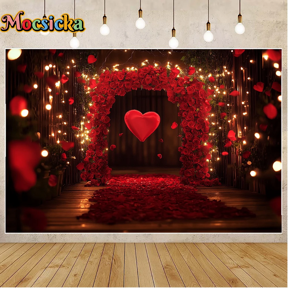 Mocsicka February 14 Valentine's Day Photography Backgrounds Flower Petal Hallway Red Heart Holiday Adult Photo Backdrops Studio