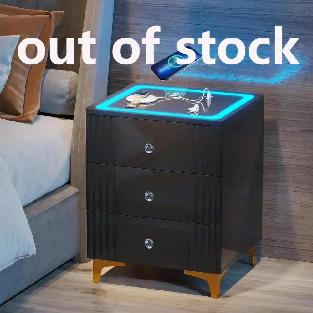 Nightstand with Wireless Charging Station,Smart Gloss Night Stand with 3 Colors Dimmable Sensor Light,Bedside Table Glass Top