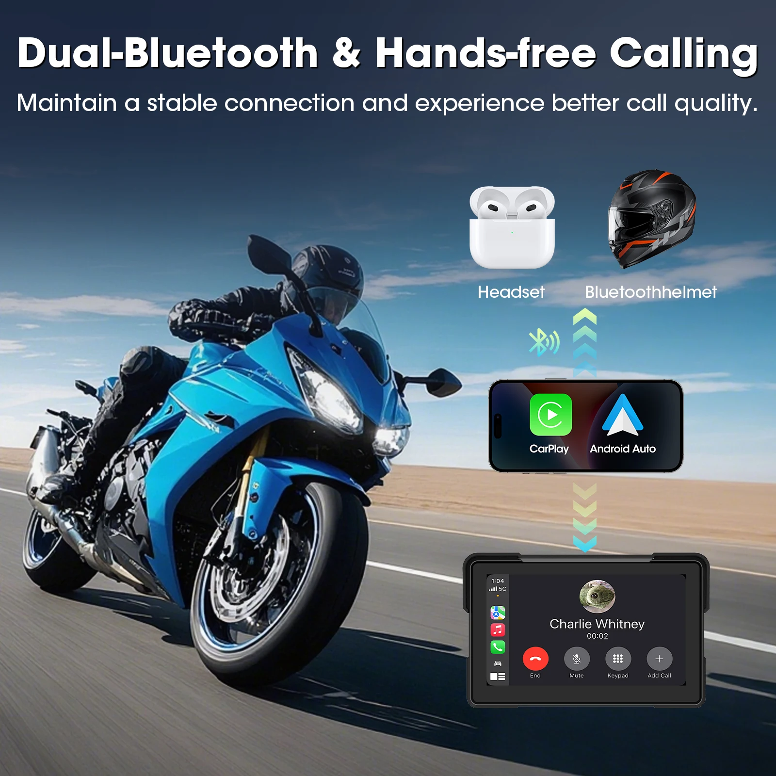 Tela de Navegação GPS para Motocicleta de 5/7 polegadas com CarPlay Sem Fio, Android Auto, Suporte Duplo BT, TPMS, Display LCD à Prova d'Água IPX7