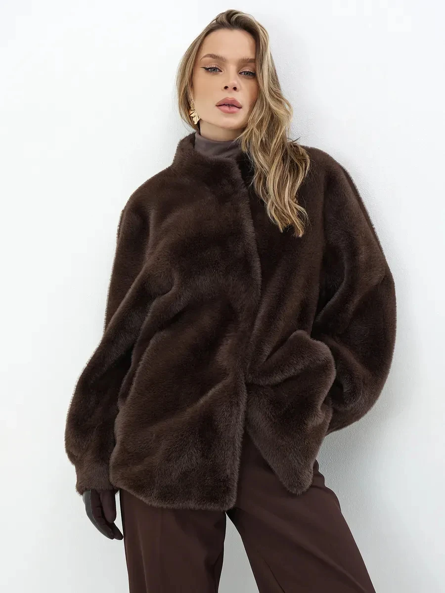 2026 Autumn Winter Women Faux Mink Fur Jacket Stand Collar Hidden Snap Mid Length Fluffy Coat
