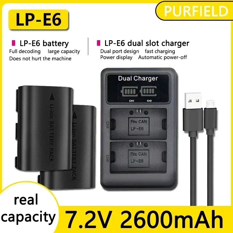 PURFIELD 2600mAh 7.2V LP-E6 LP E6 E6N بطارية + LED شاحن مزدوج لكاميرا Canon EOS 5DS R 5D Mark II 5D Mark III 6D 7D 70D 80D