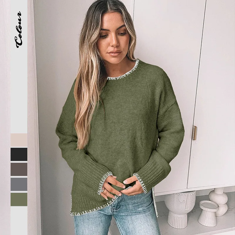 

Осень-зима 2022, новый женский модный простой пуловер Джокер для отдыха и путешествий, вязаный свитер с круглым вырезом и отделкой, женский свитер