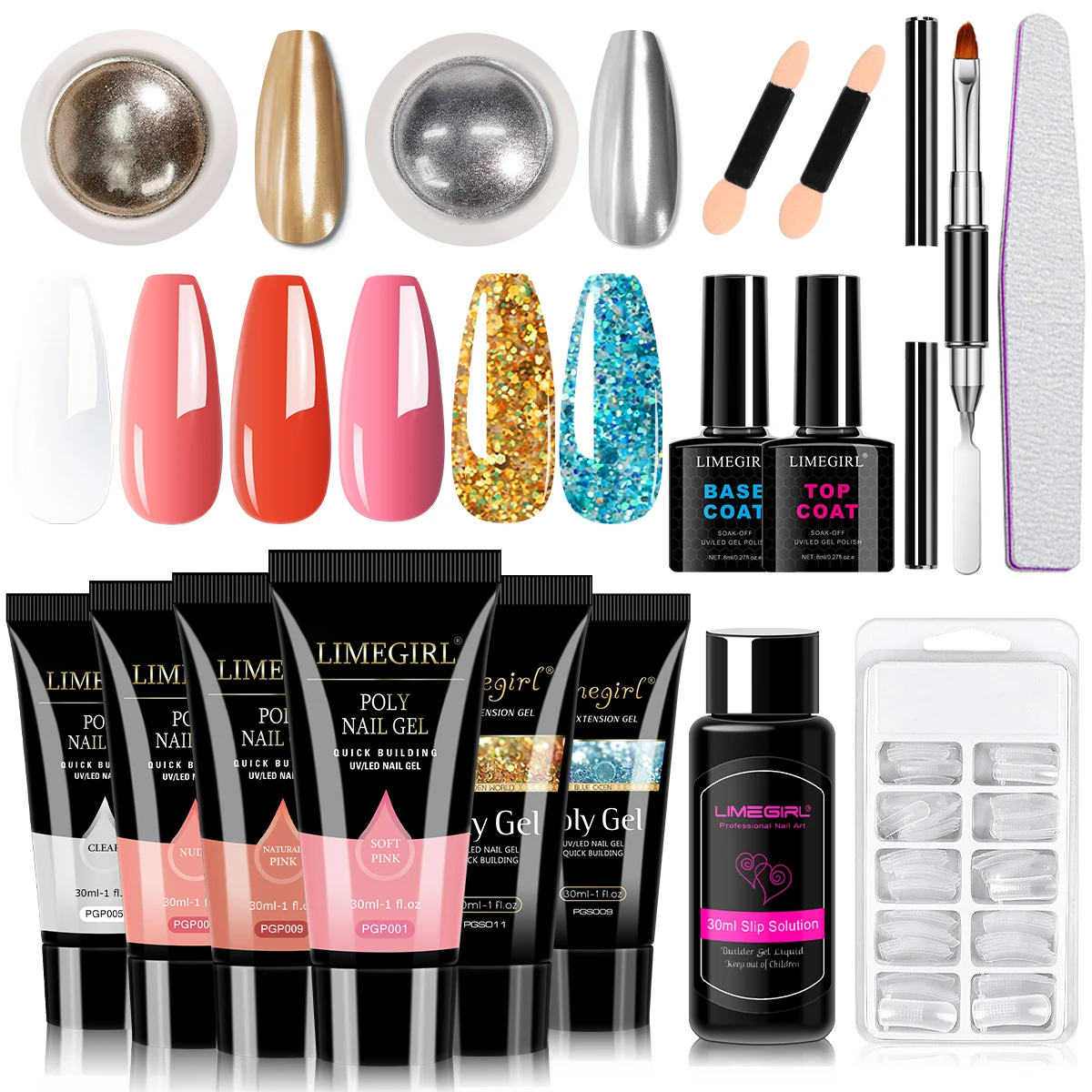 

Limegirl Professional Nail Extension Gel Kit 6 Colors 15ml Builder Gel Base Top Coat Mirror Powder Salon DIY Manicure Set