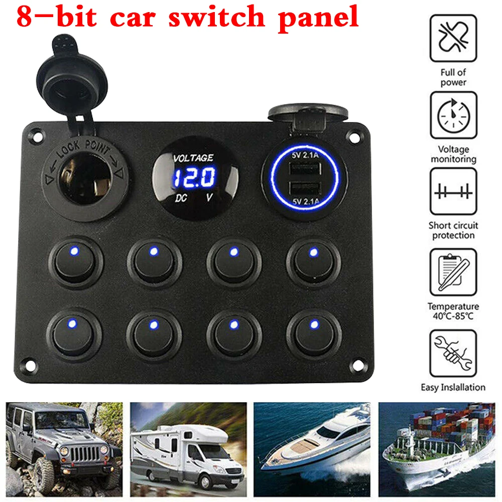 8 Gang Led Marine Boat Switch Panel  12V ON-OFF Toggle Switch Panel 2 USB Charger Car Boat Marine RV Truck