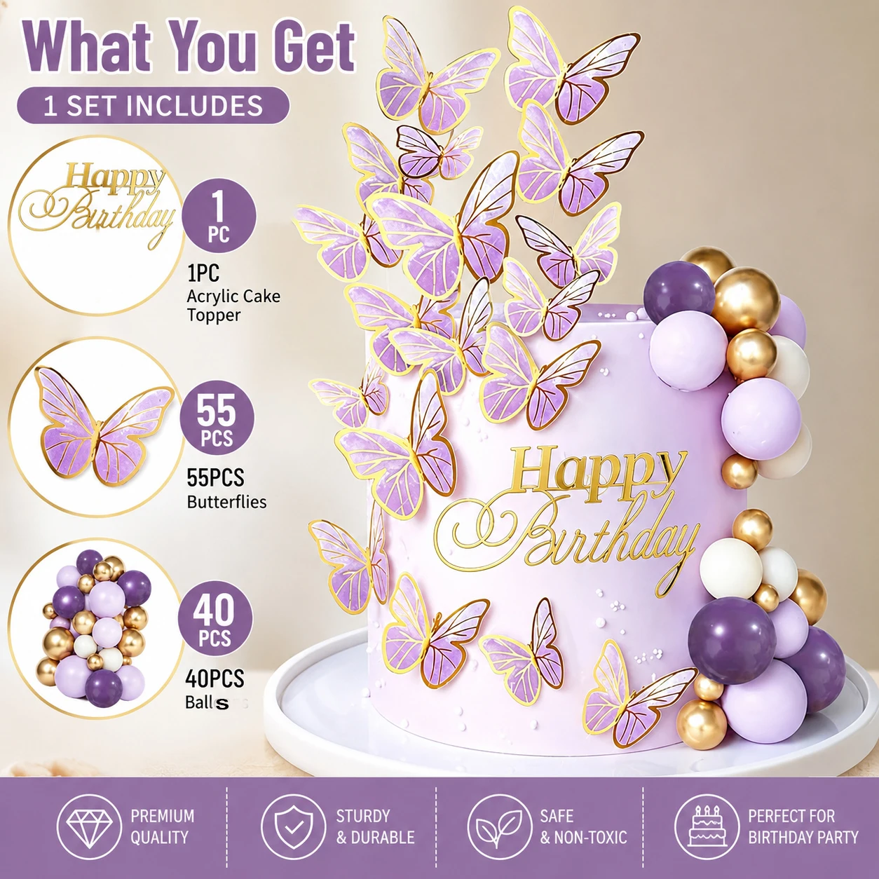 Kit de décorations de gâteau papillon violet 96 pièces/ensemble, bordure dorée, papillons 3D, topper Joyeux Anniversaire pour baby shower et fête d'anniversaire