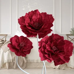 Large Artificial Velvet Peony Flower Window Display Indoor Shooting Wine Red Artificial Rose Big Flower Wedding Road Guide