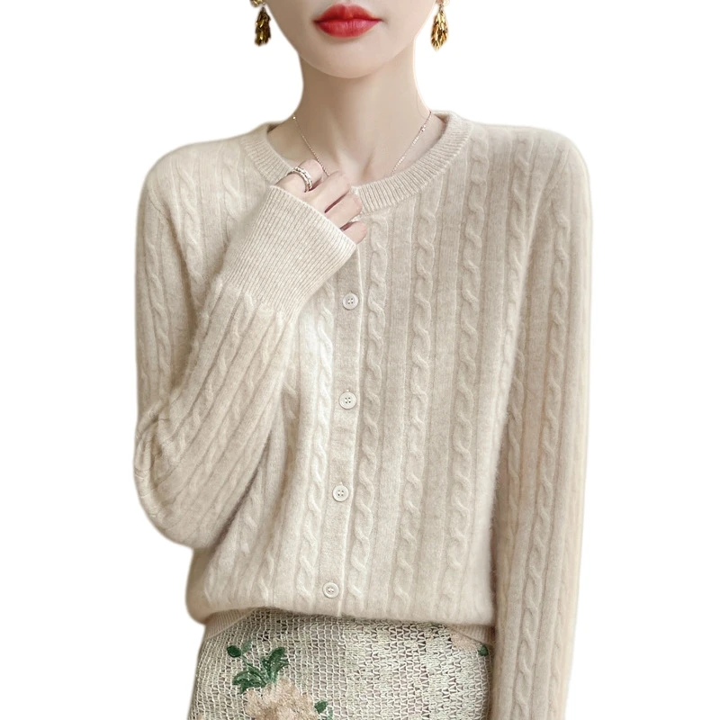 Solid Color Knit Cardigan Womens Round Neck Casual Knitted Outerwear Polyester Lightweight Sweater for Spring to Winter