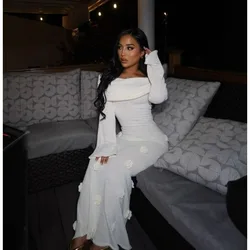 Women's Clothing New Sexy Three-dimensional Flowers European American One-word Shoulder Knitted Dress Autumn and Winter Dresses