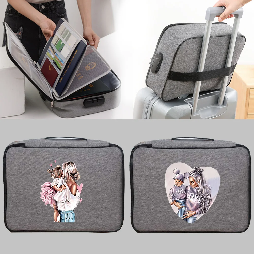 Large Capacity Mom Print with Lock Document Tickets Storage Bag Certificate File Organizer Case Home Travel Passport Briefcase