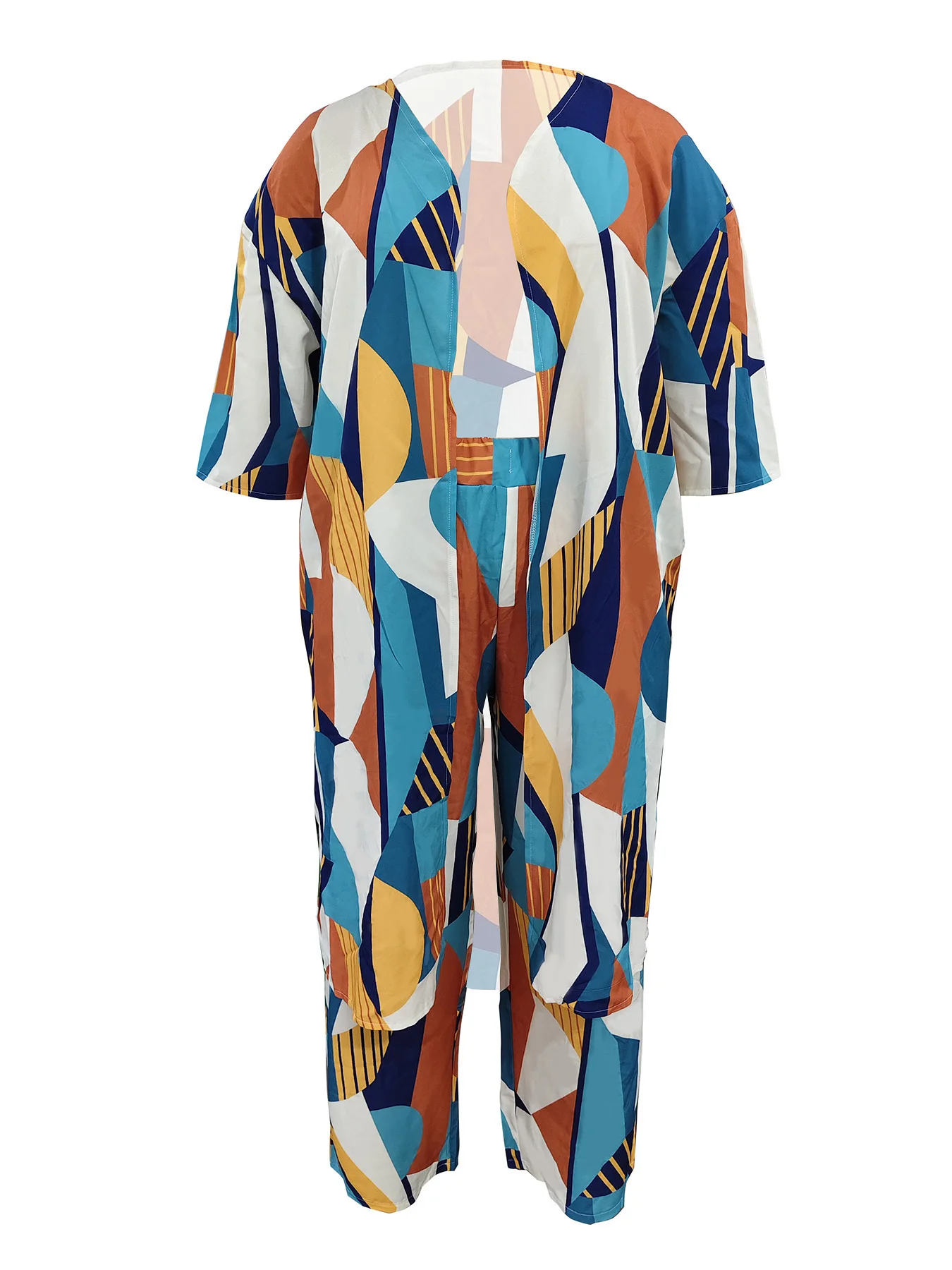 Plus - Size Geometric Color - Block Set! Cardigan + Wide - Leg Pants, Perfect for Vacay & Daily