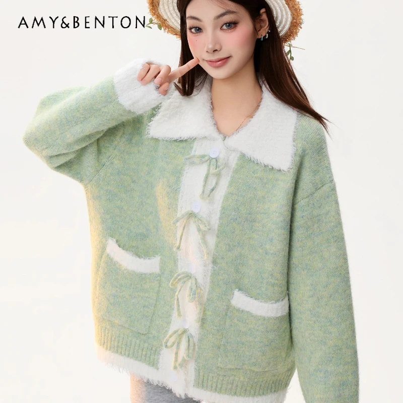 الأمريكية الرجعية بدوره إلى أسفل طوق محبوك المرأة سترة الخريف الشتاء تصميم جديد كلية الدافئة الحد من العمر سترة معطف السيدات #1