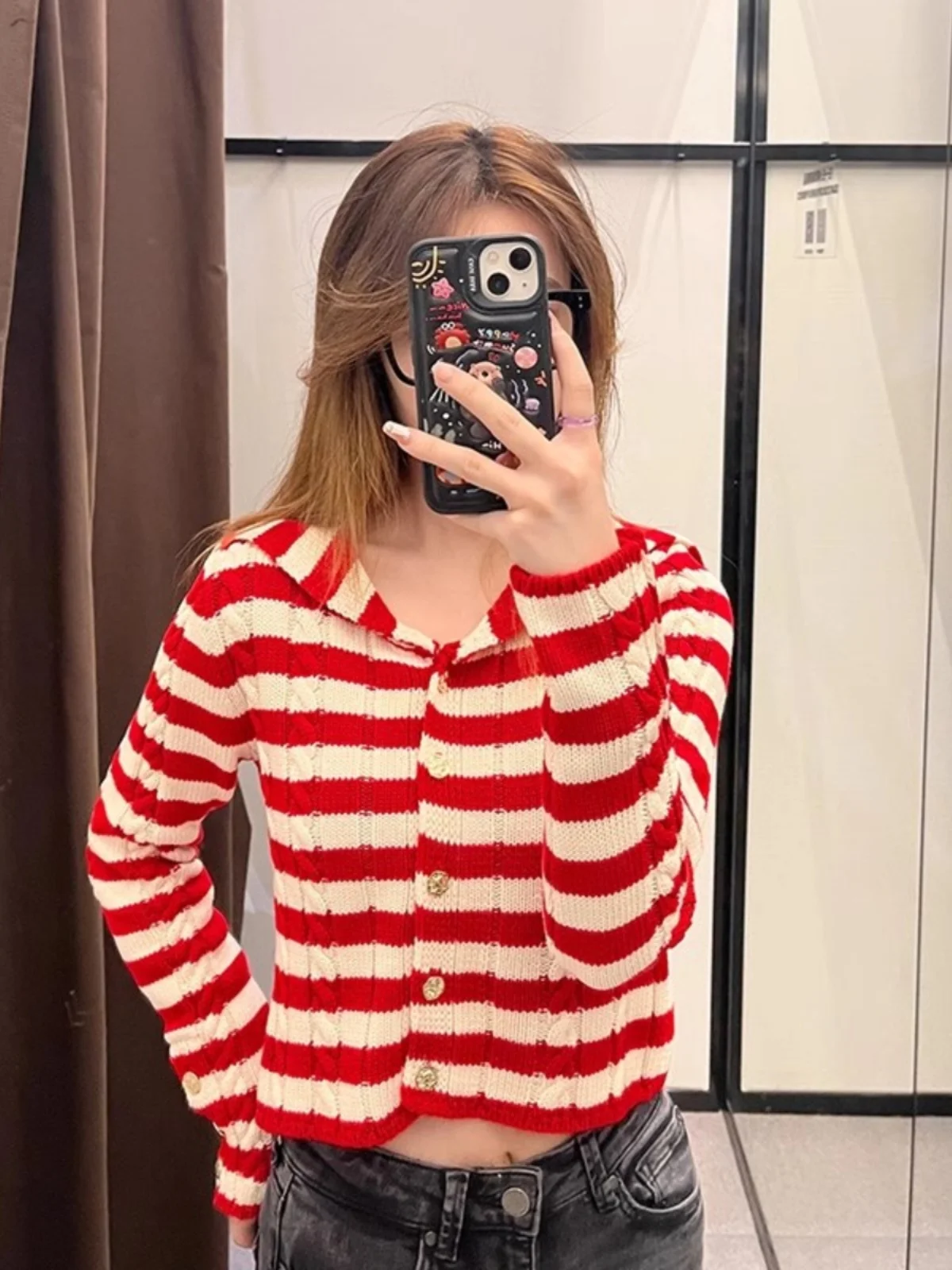 

Весна 2024, новый темно-синий полосатый свитер с воротником, восьми нитей, вязаный открытый кардиган, пальто Sweet Sle Long Sve, трикотаж стандартного кроя...