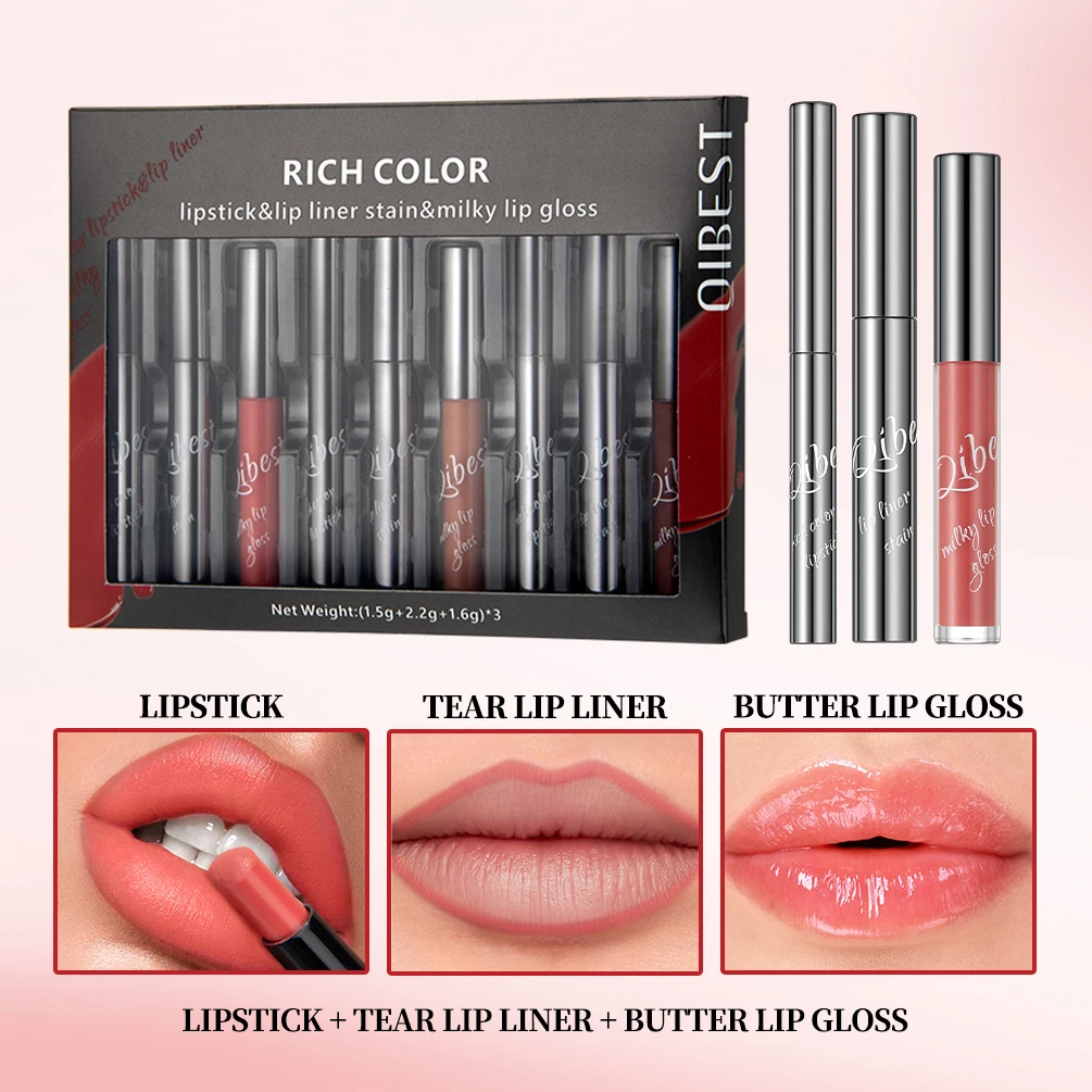 QIBEST Zestaw do makijażu ust: błyszczyk do ust z efektem \"peel & tear\", matowy konturówka do ust + błyszczyk do ust z masłem, odżywczy i nawilżający, 9 sztuk
