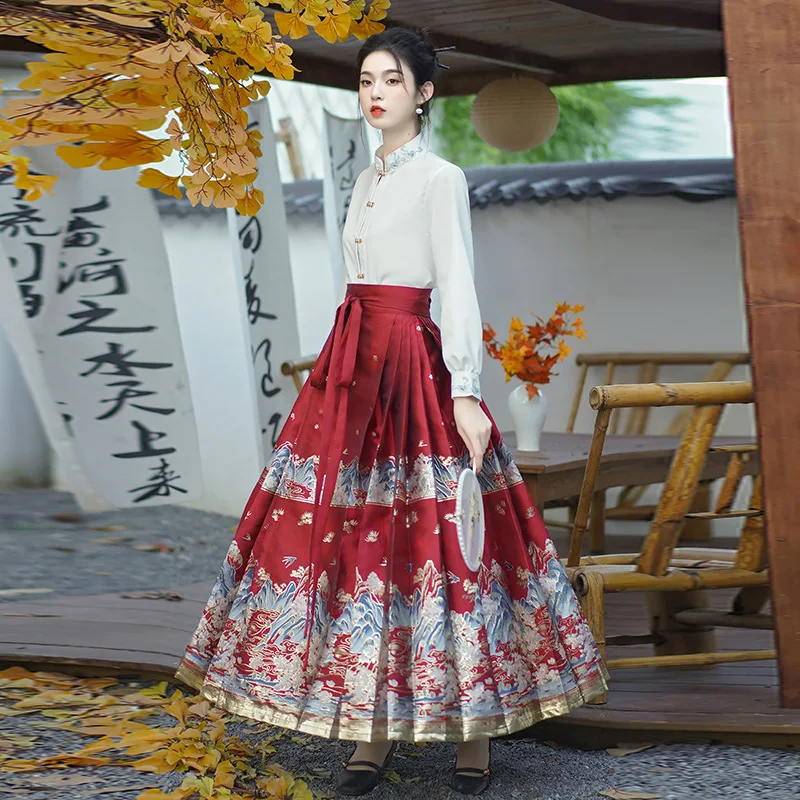 Original New Brocade Fabric Improved Hanfu Top High-end Brocade Brocade Satin Lady Horse Skirt Set