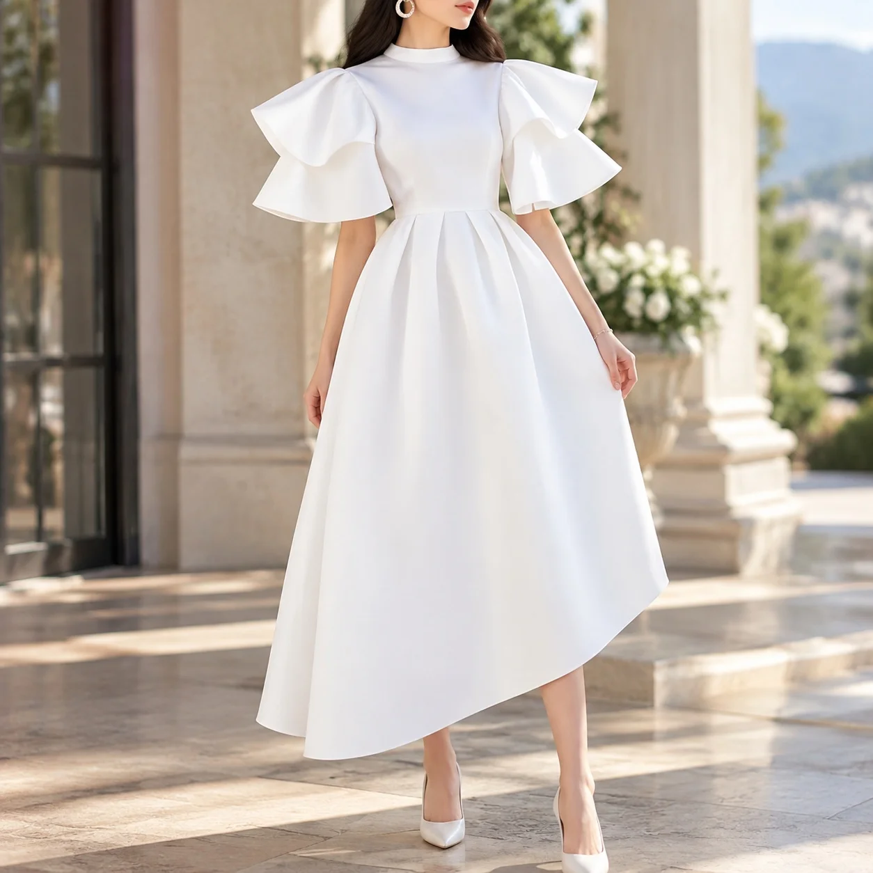 Ruffle High Waist Gown Irregular Hem Elegant with Pleated Dress Summer for Women Zipper Front Half High Neck Short Sleeves