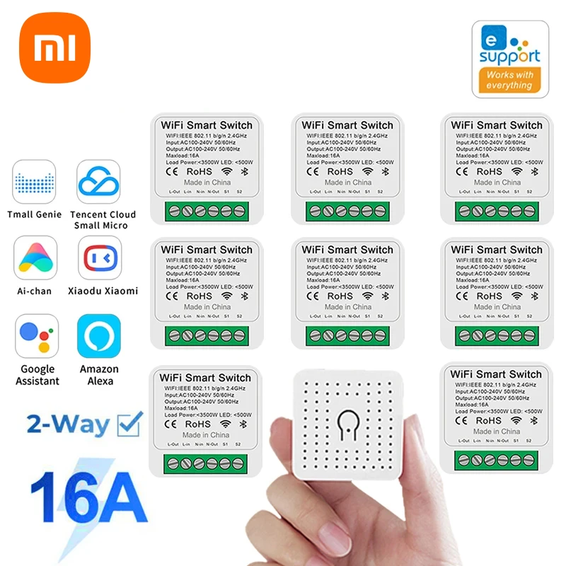 

Xiaomi 16A Wifi Wireless Switch 2 Way Control Relay Mini Smart Light Switch Voice Module APP Control With EweLink Alexa Google