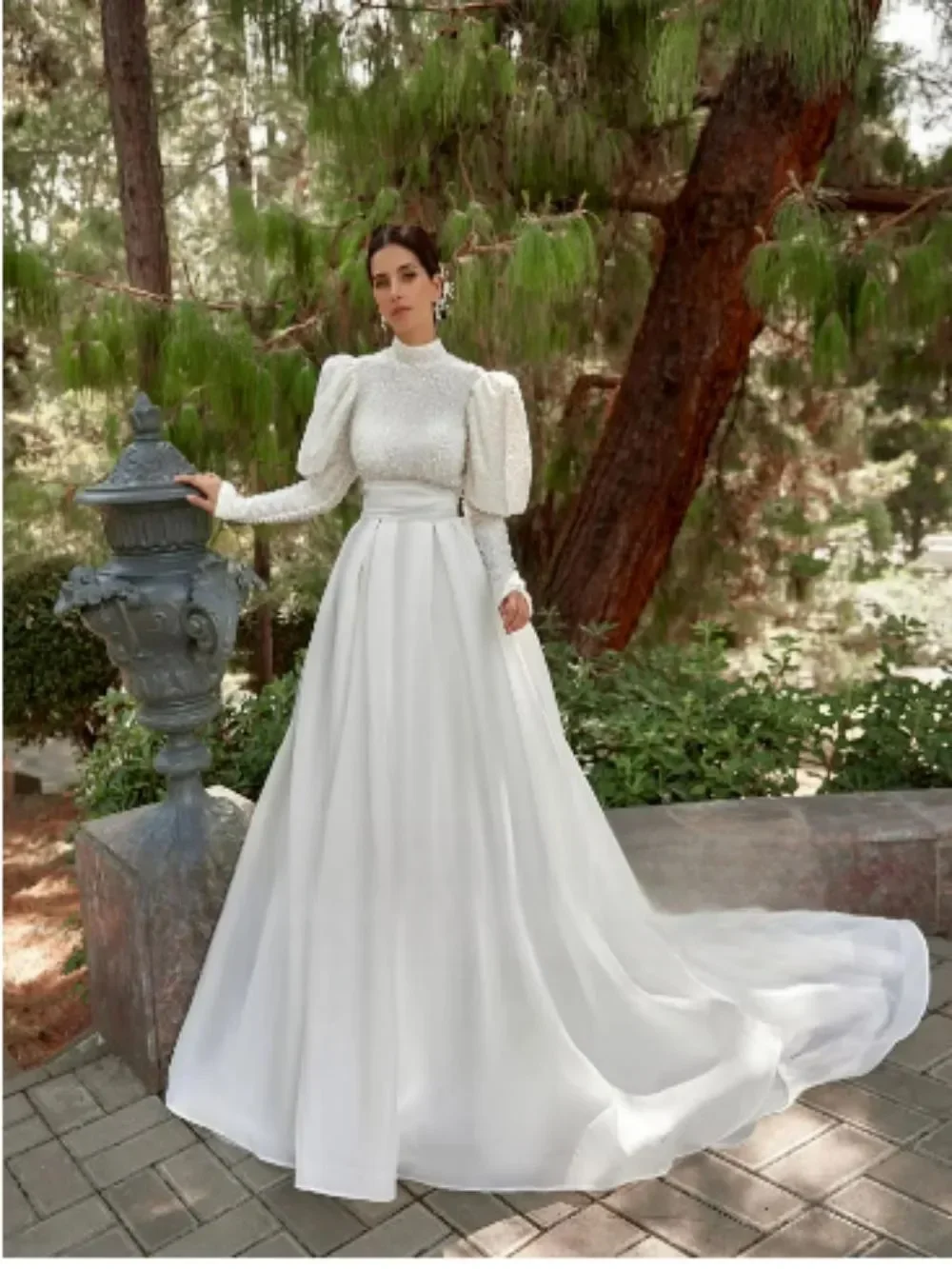 

Dubai Arabic High Collar Wedding Dresses For Women Puff Sleeve A Line Sparkly Sequined Bridal Gowns With Bow Robe De Mariée 2024