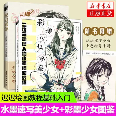 2 Books Color Ink Girl Anime Character Ink Painting Book + Black and White Ink Beautiful Girl Sketching Tutorial Art Book