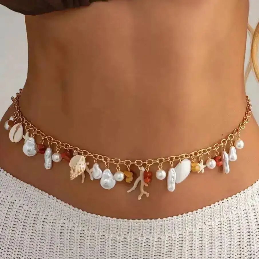

KunJoe Boho Starfish Conch Waist Chain Women Summer Beach Sexy Exquisite Imitation Pearl Belly Bikini Chains Party Body Jewelry