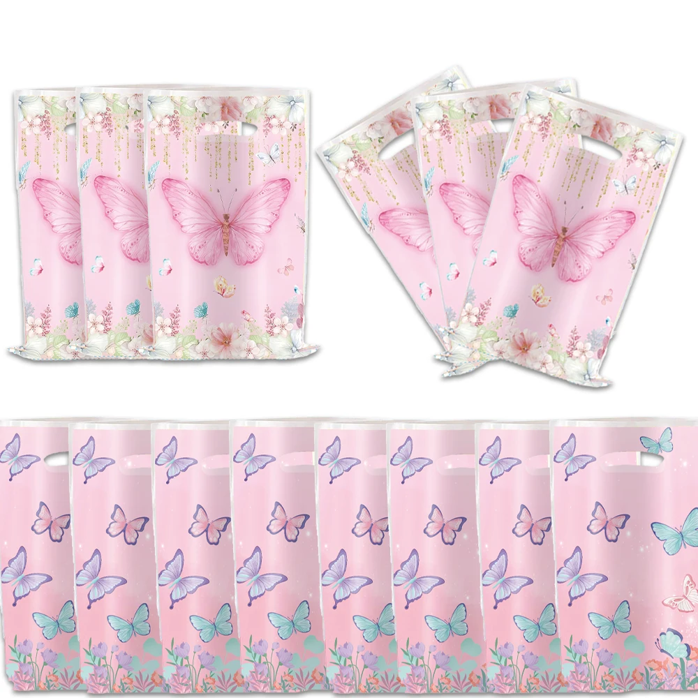 10pcs/lot Pink Cartoon Butterfly Birthday Party  Decor Gift Bags Candy Bags Loot Bags Boy Girl Kids Favor Baby shower Supplies