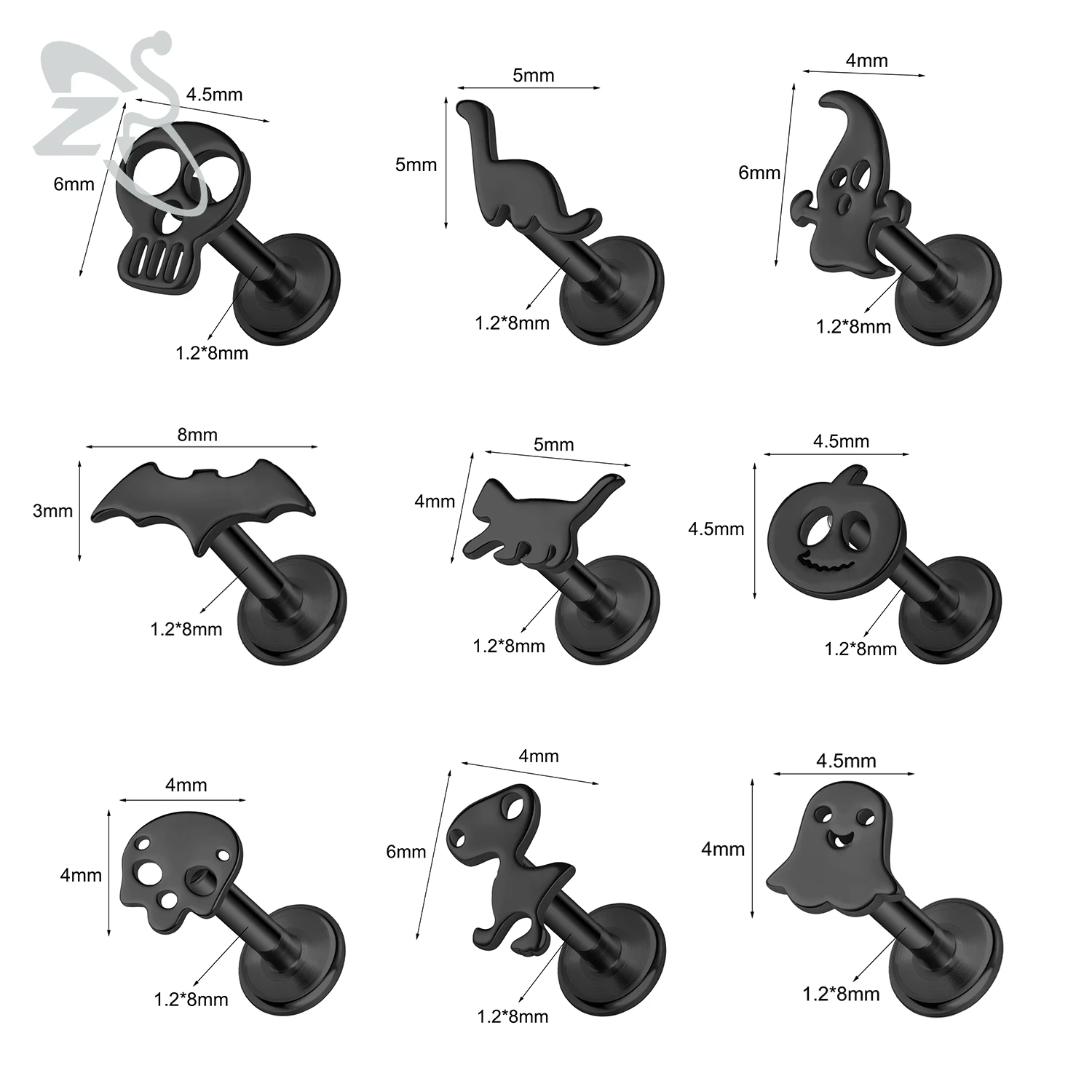 Zs 9 Pieces Punk Pumpkin Ghost Labret Lip Piercing 16G Stainless Steel 6