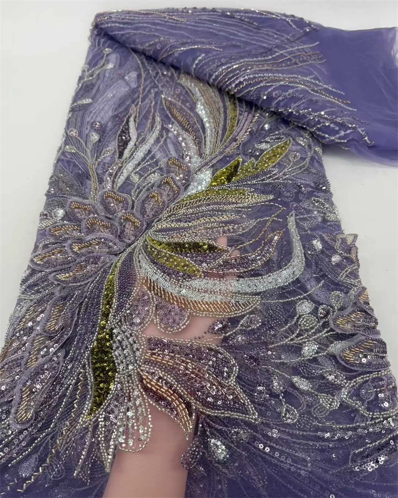 French African Groom Lace Fabric 2026 Beaded High Quality Embroidery For Women Wedding Dress Nigerian Sequin Lace Fabric 5 Yards