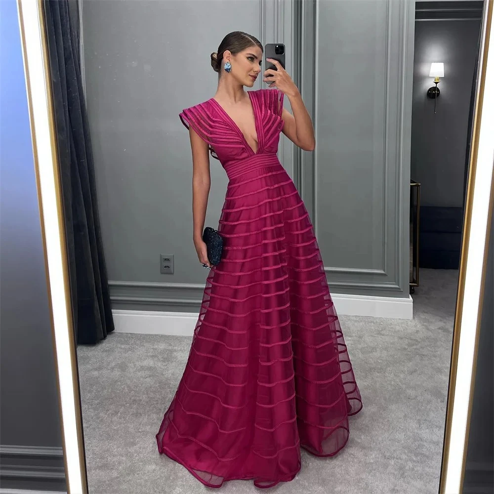 

Elegant A Line Formal Dresses Pleat Sleeveless Prom Gown for Woman Deep V Neck Wedding Party Dress robe de bal Customized