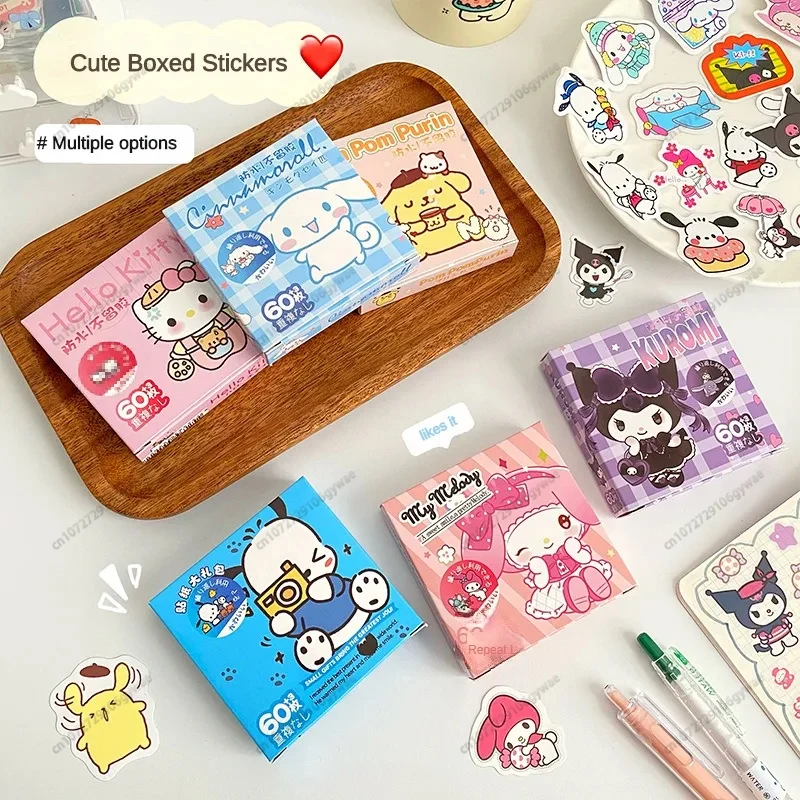 MINISO 60Pcs/Box Anime Stickers Kawaii Sanrio Hello Kitty Kuromi Cinnamoroll Pochacco Stickers DIY Stationery Cute Sticker