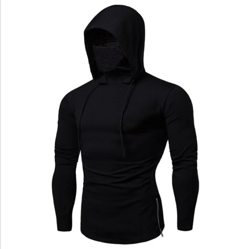 

New Mens Spring and Autumn Long Sleeve With Mask Hoodies Gym Thin Hoodie Riding windproof Casual Splice Large Mask Hoodie Tops