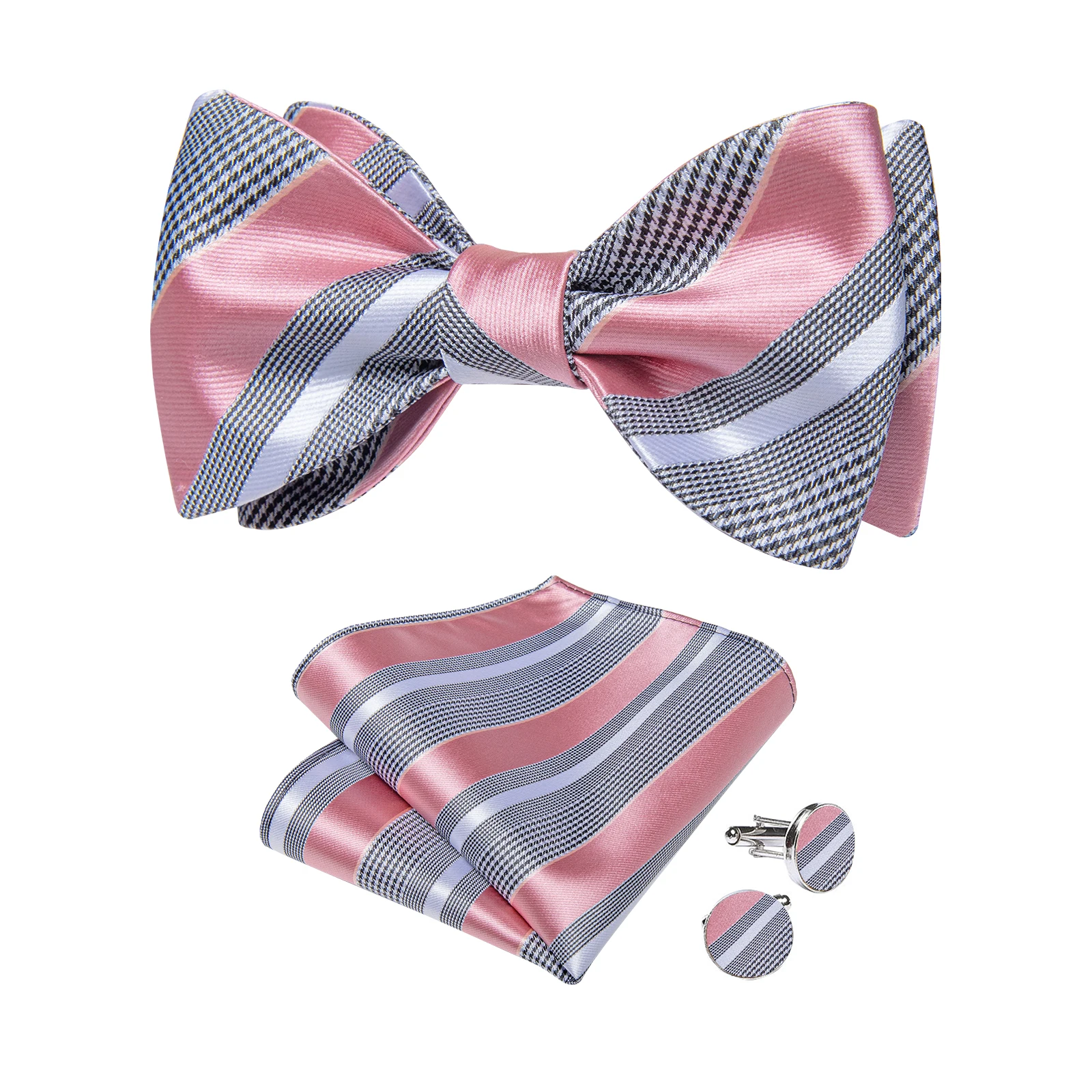 Unique Men's Striped BowTie Pink Gray Pocket Square Cufflinks for Business Party Classic Silk Adjustable Bow Tie for Man Gifts