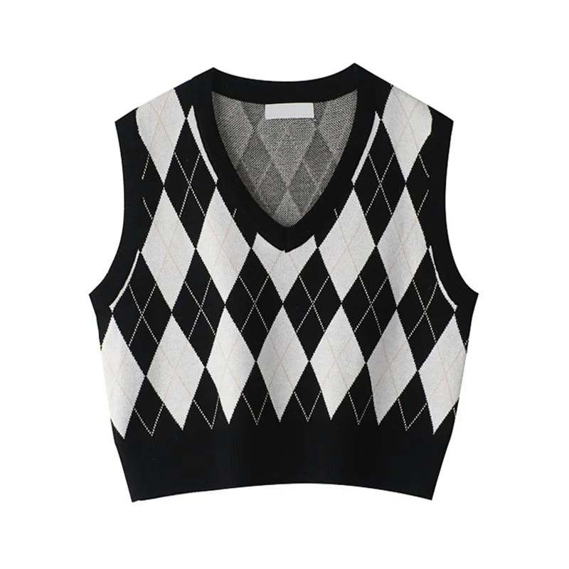 

Sweater Vest for Women V Neck Loose Fit Pullovers Knitted Vest Preppy Style Sleeveless Argyle Autumn Knitwear