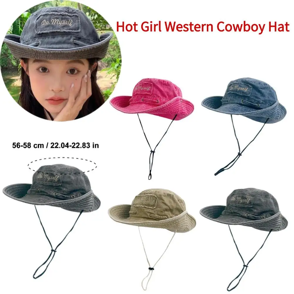 Blue Cowboy Hiking Bucket Hat with String Men Denim Beach Sun Hat for Women Outdoor Couple Bob Panama Fisherman Hat