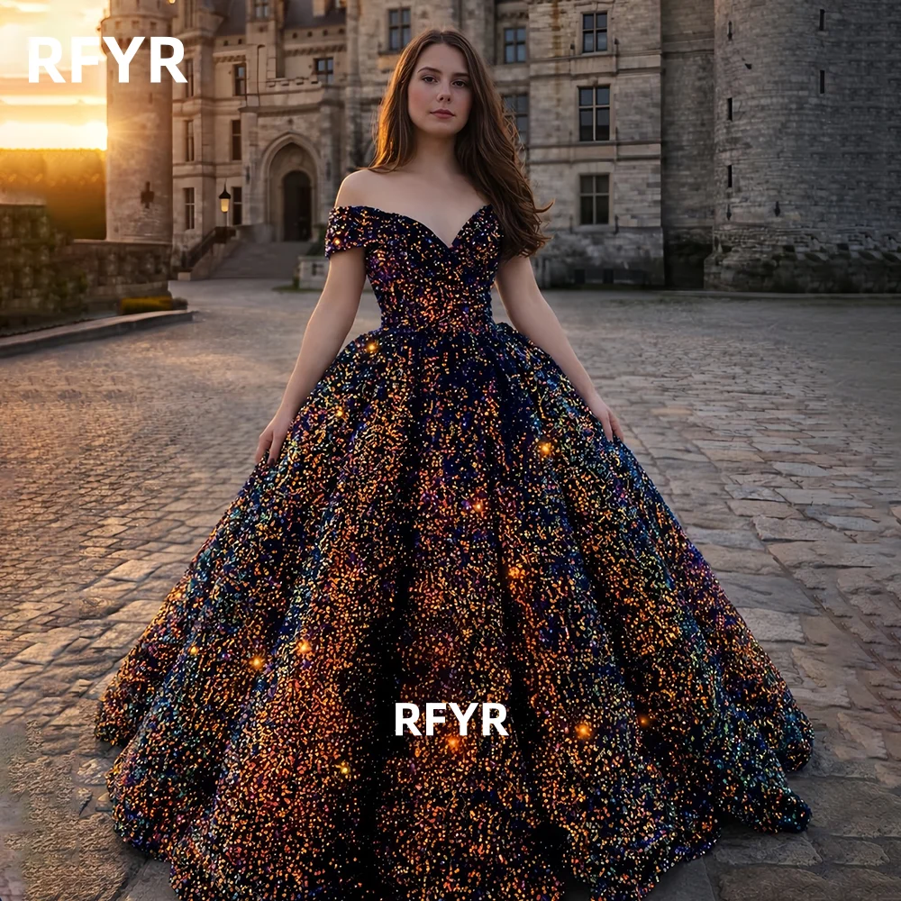 

RFYR A Line Evening Dress Shiny Prom Dress with Sequins Party Dress Off Shoulder Formal Occasion Dress رسمية Customized