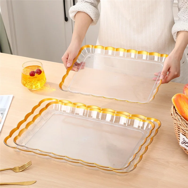 الترويج! صواني تقديم 3 قطع من البلاستيك الشفاف بنمط موجة مستطيلة، 14 بوصة × 10 بوصة، 16 بوصة × 11 بوصة، 18 بوصة × 12.5 بوصة مع لوحات ذهبية Pl