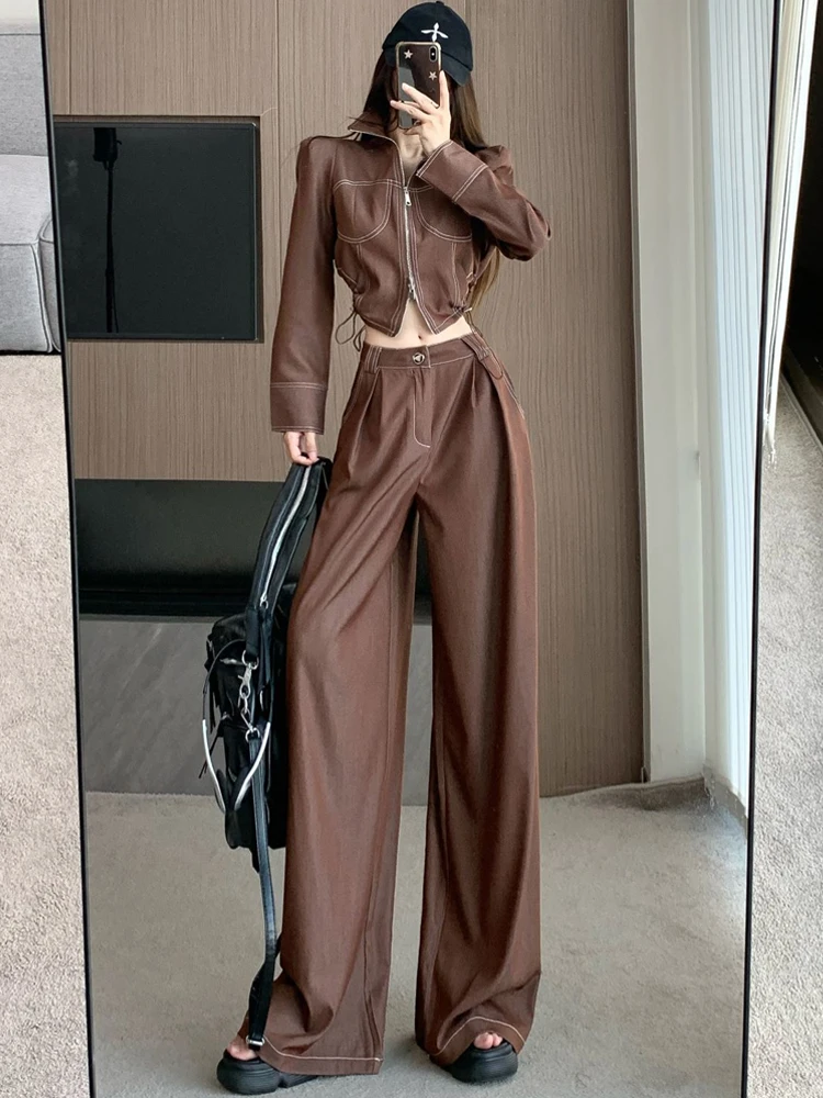 

American style hot girl early spring fashion irregular short tops paired with straight leg wide leg pants two-piece set