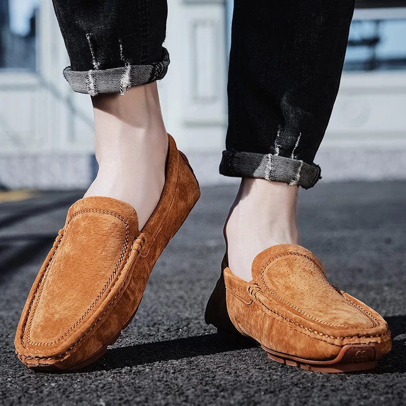 New Genuine Suede Leather Handmade Loafers Mens Dress Boat Casual Footwear Driving Slip on Winter Summer Peas Male Shoes For Men