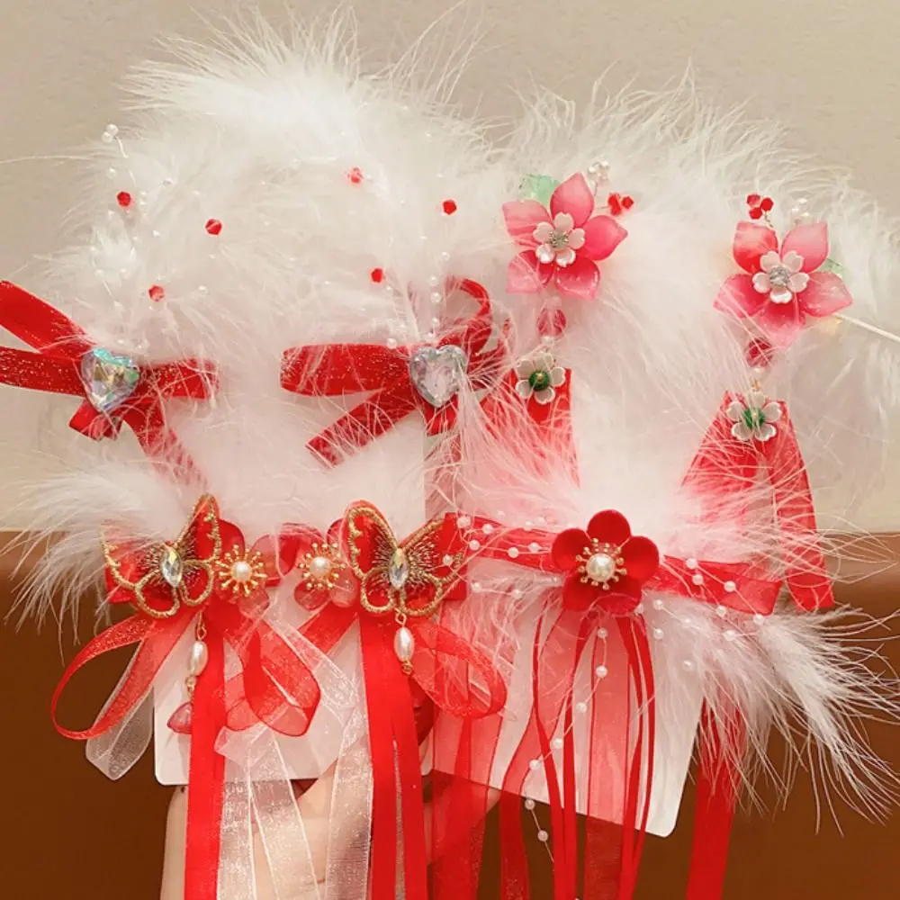 Ribbon Children Red Hairpin Feather Pearl Chinese New Year Headwear Tang Suit Hair Clip Ancient Headwear Hanfu Hairpin