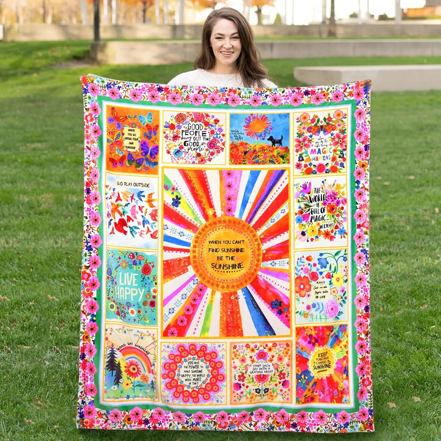 Boho Floral Throw Blanket Natural Life Patchwork Blankets,Natural Life Gifts for Women with Inspirational Thoughts,Soft Warm and