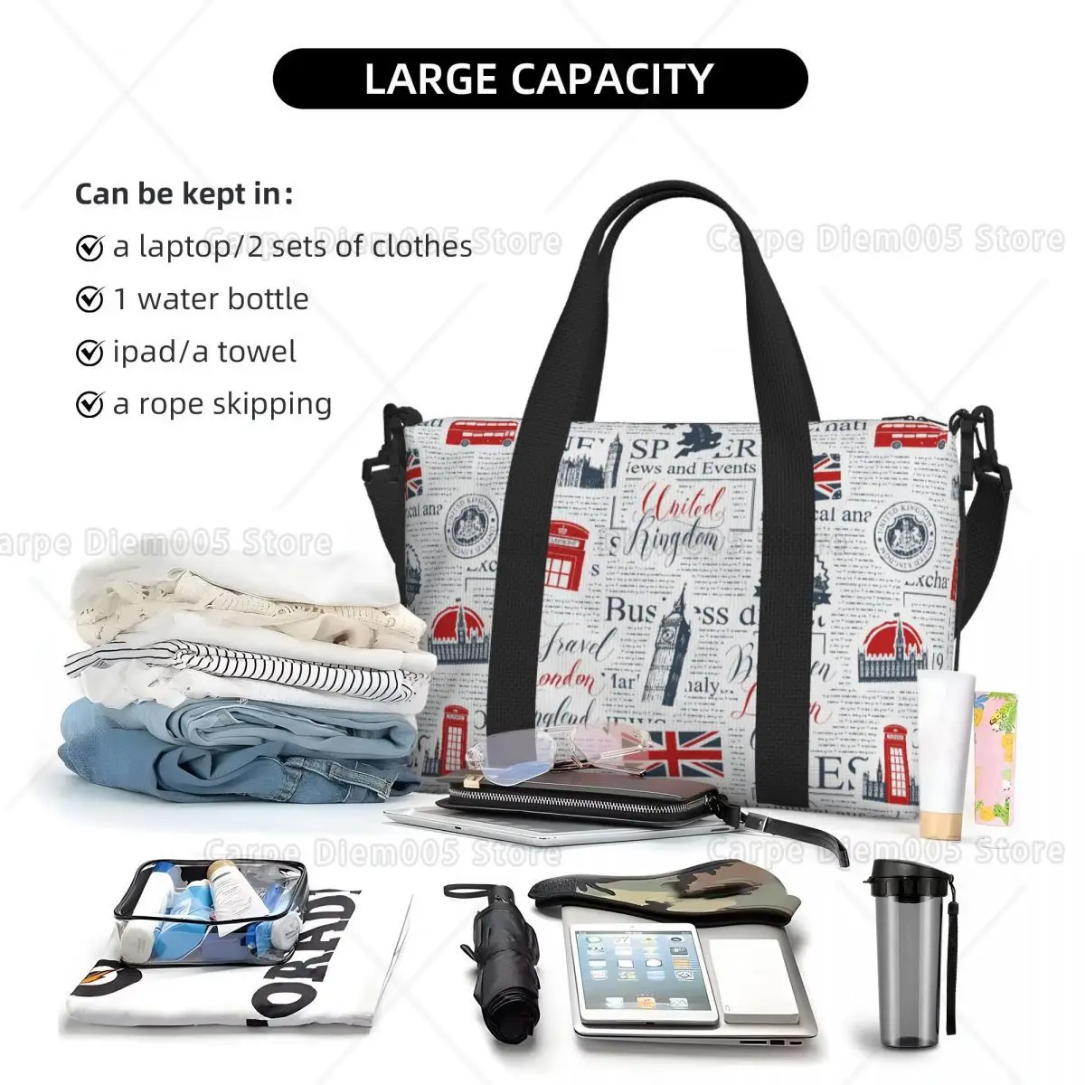 Vintage UK London Newspaper Travel Luggage Bags Foldable Hand Travel Bag Sport Gym Bag for Men Women One Size view 4